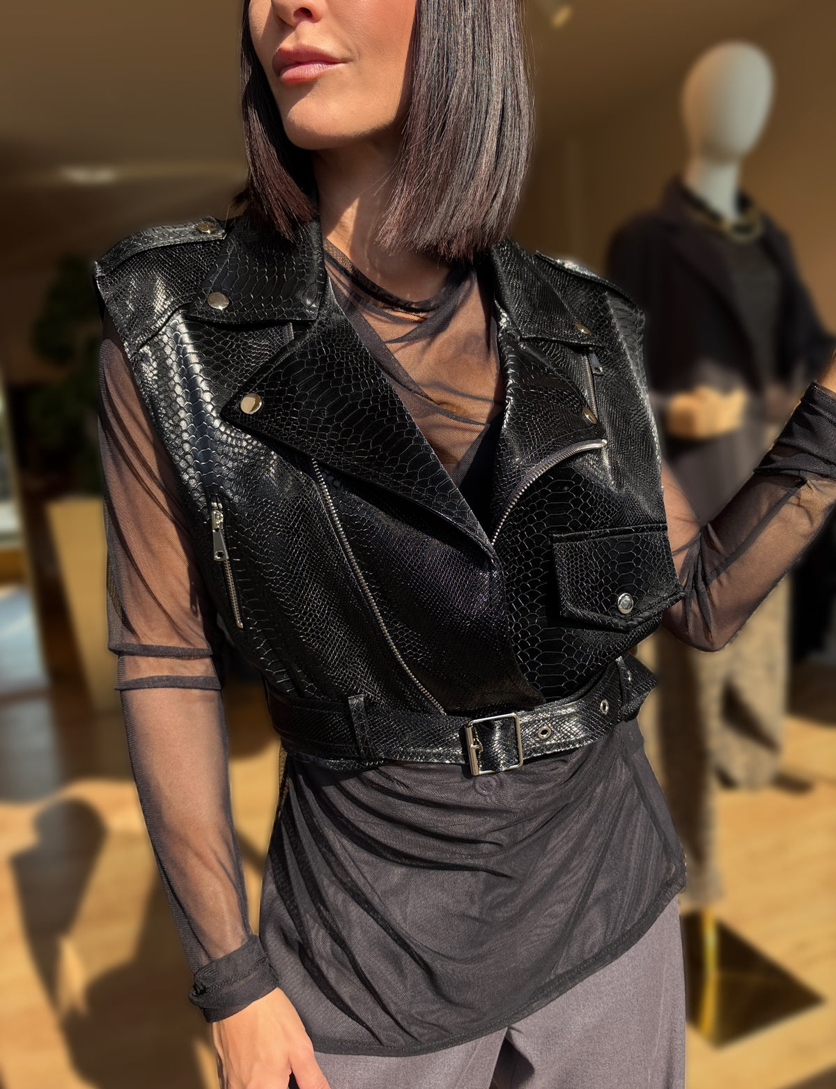 GILET BIKER EFFETTO RETTILE NERO