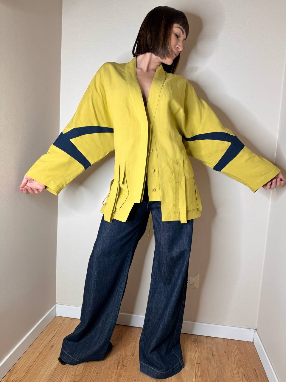 Giacca kimono giallo e blu